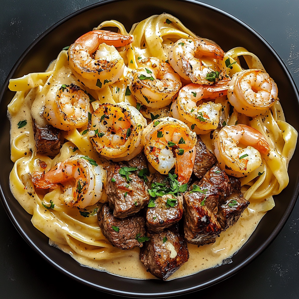 Zesty Cajun Shrimp and Steak in Creamy Alfredo Pasta