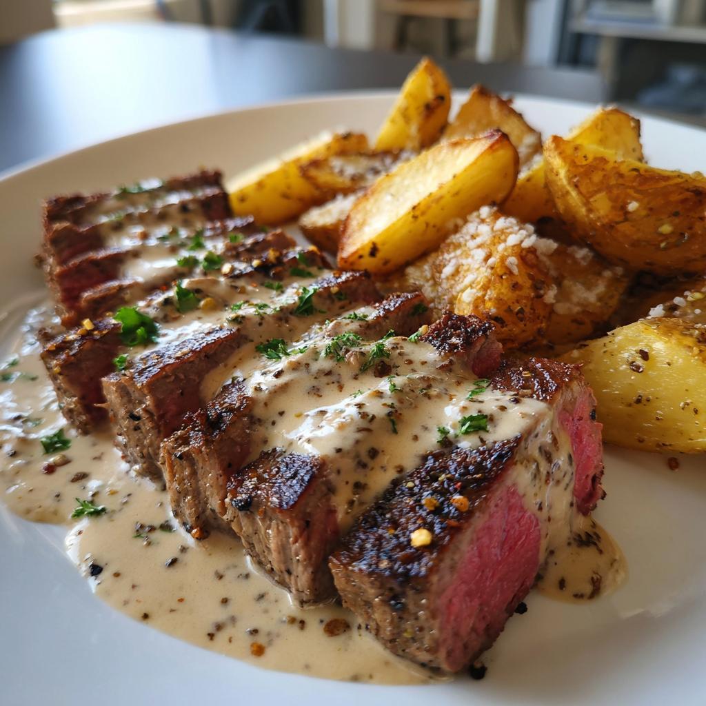 Beef Steak in Peppercorn Cream Sauce with Roasted Potatoes - detail 1