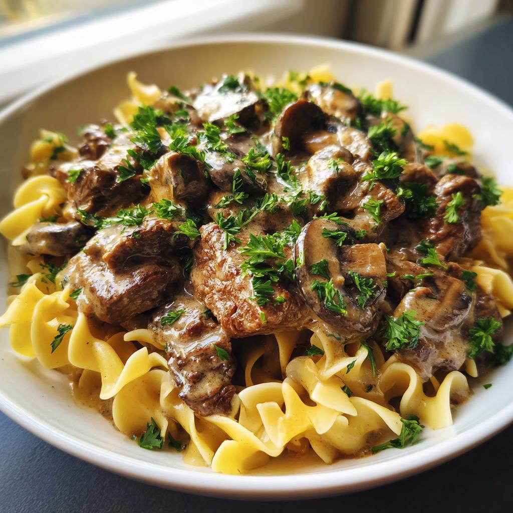 Beef Stroganoff with Creamy Mushroom Sauce and Egg Noodles