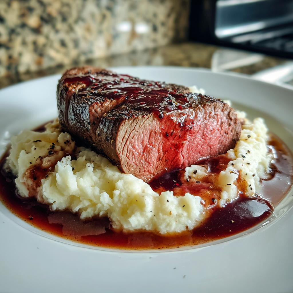 Beef Tenderloin in Red Wine Reduction with Garlic Mashed Potatoes - detail 1