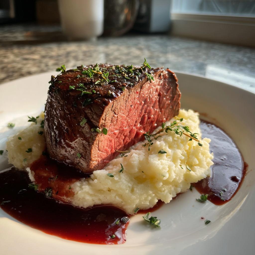 Beef Tenderloin in Red Wine Reduction with Garlic Mashed Potatoes