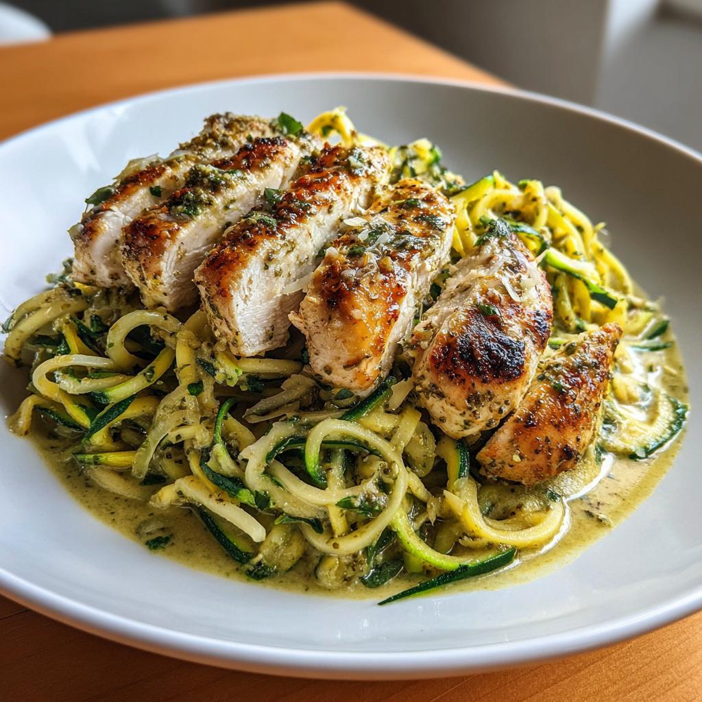 Chicken Breast in Creamy Pesto Sauce with Zucchini Noodles