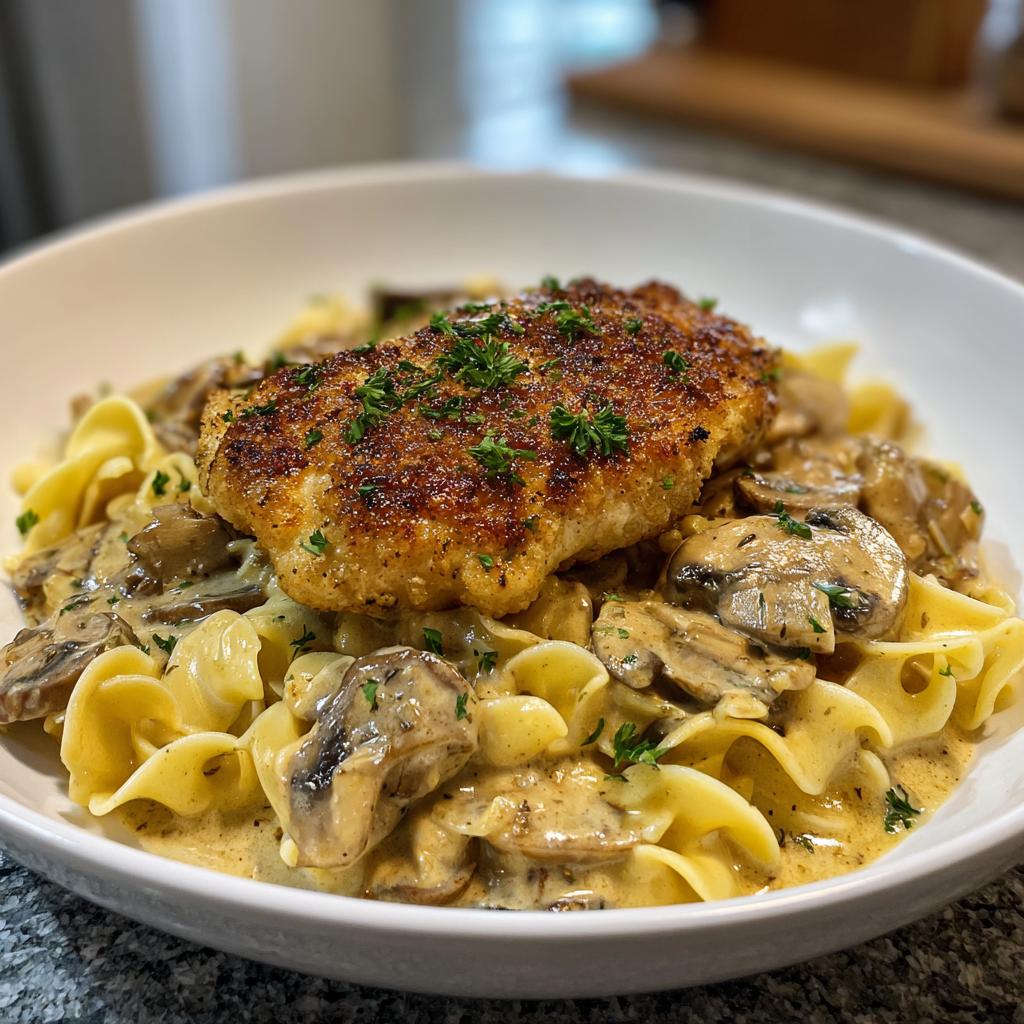 Chicken Cutlets in Mushroom Cream Sauce with Buttered Noodles - detail 1