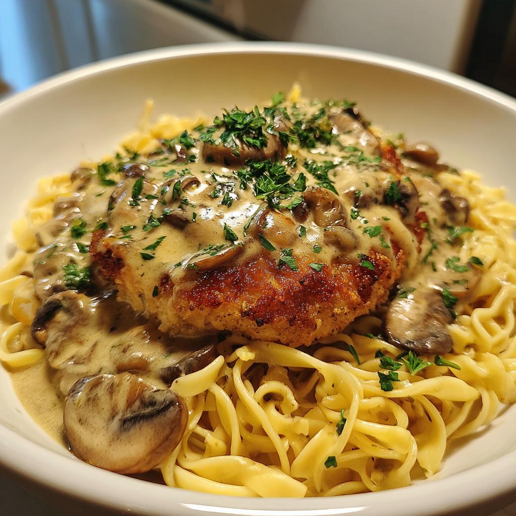 Chicken Cutlets in Mushroom Cream Sauce with Buttered Noodles