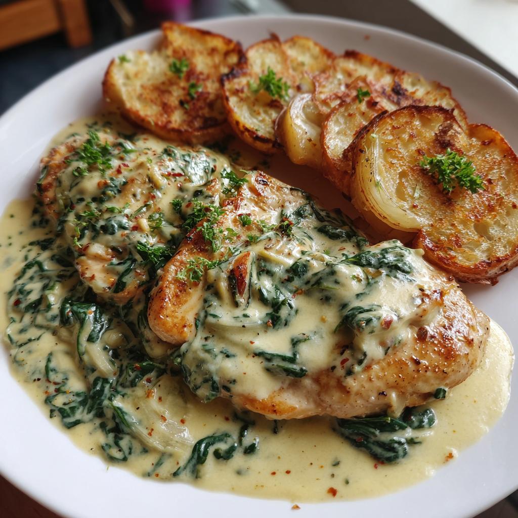 Chicken Fillet in Creamy Spinach Alfredo Sauce with Garlic fillet
