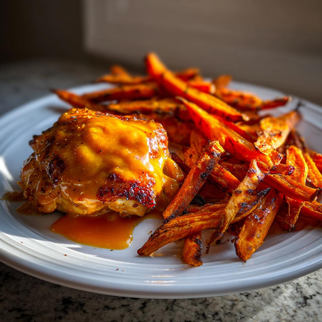 Chicken Thighs in Spicy Mango Habanero Sauce with Sweet Potato Fries - detail 1