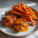 Chicken Thighs in Spicy Mango Habanero Sauce with Sweet Potato Fries