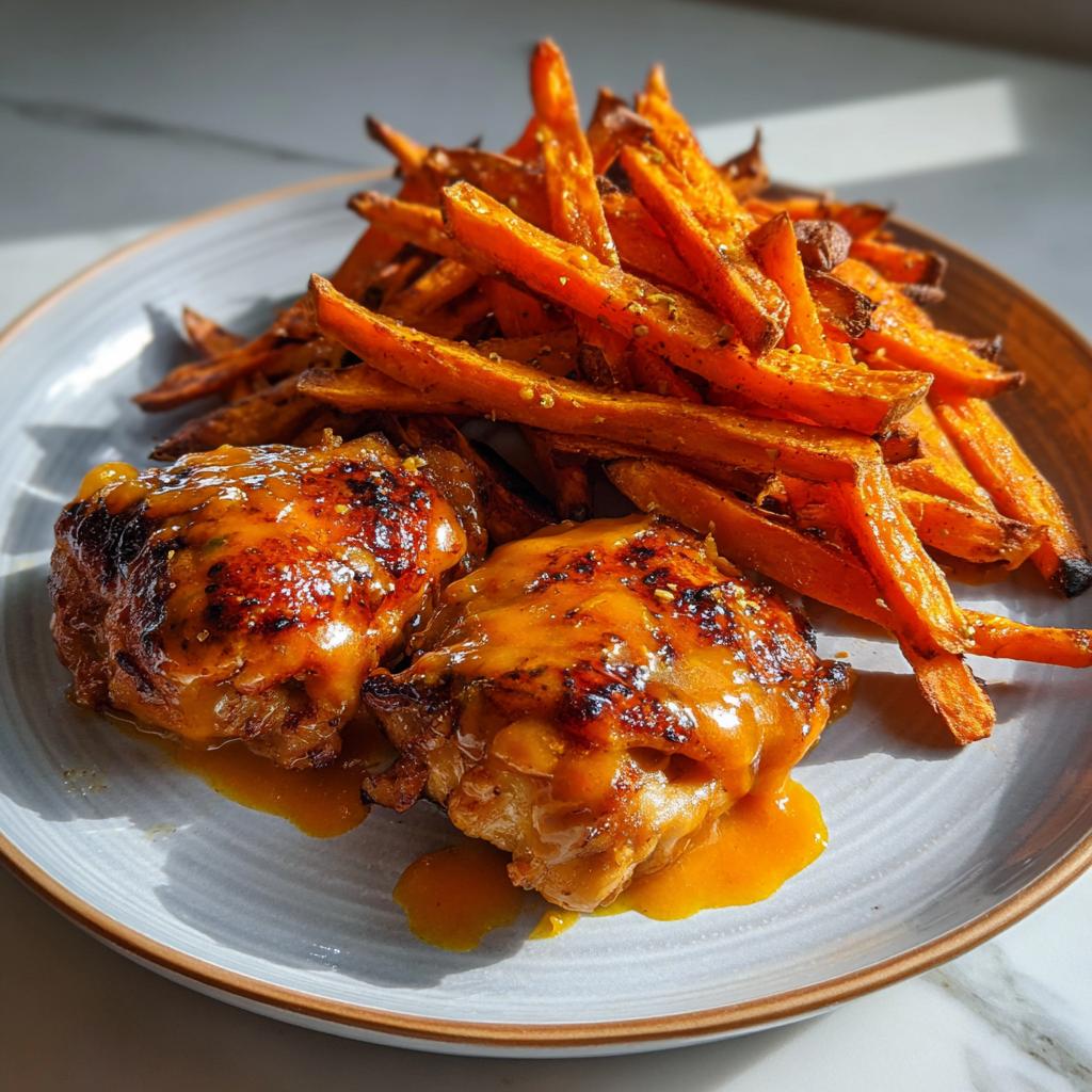 Chicken Thighs in Spicy Mango Habanero Sauce with Sweet Potato Fries