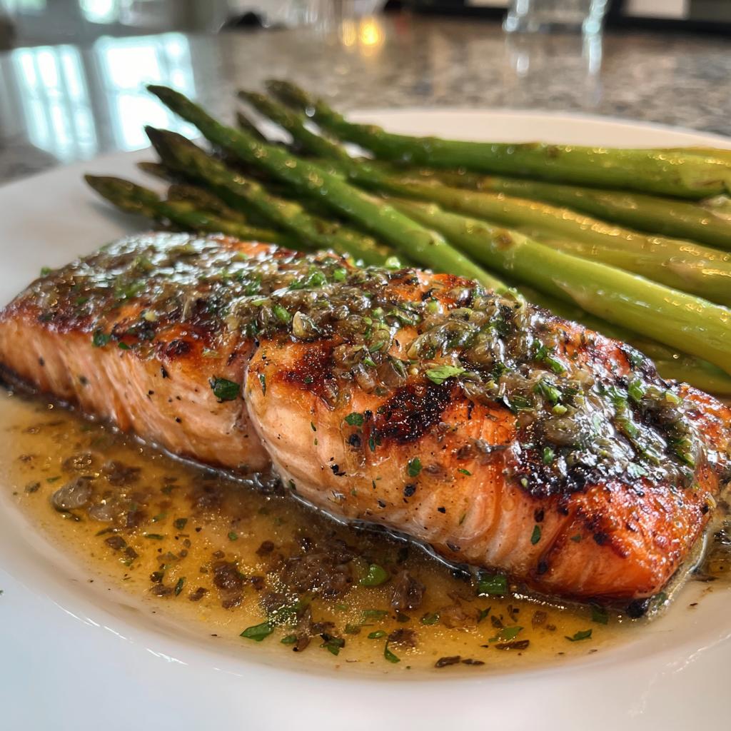 Grilled Salmon in Lemon Butter Dill Sauce with Steamed Asparagus