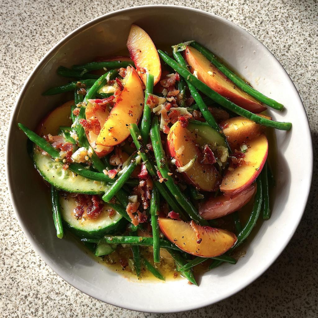 Nectarine Salad with Chili, Cucumber, Green Beans & Pancetta - detail 1