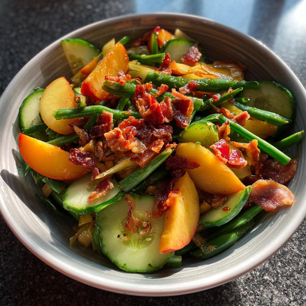 Nectarine Salad with Chili, Cucumber, Green Beans & Pancetta