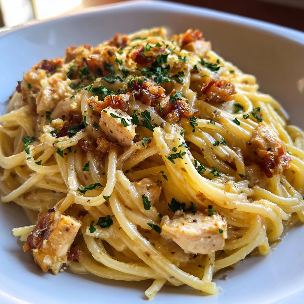 carbonara pasta with chicken - detail 1