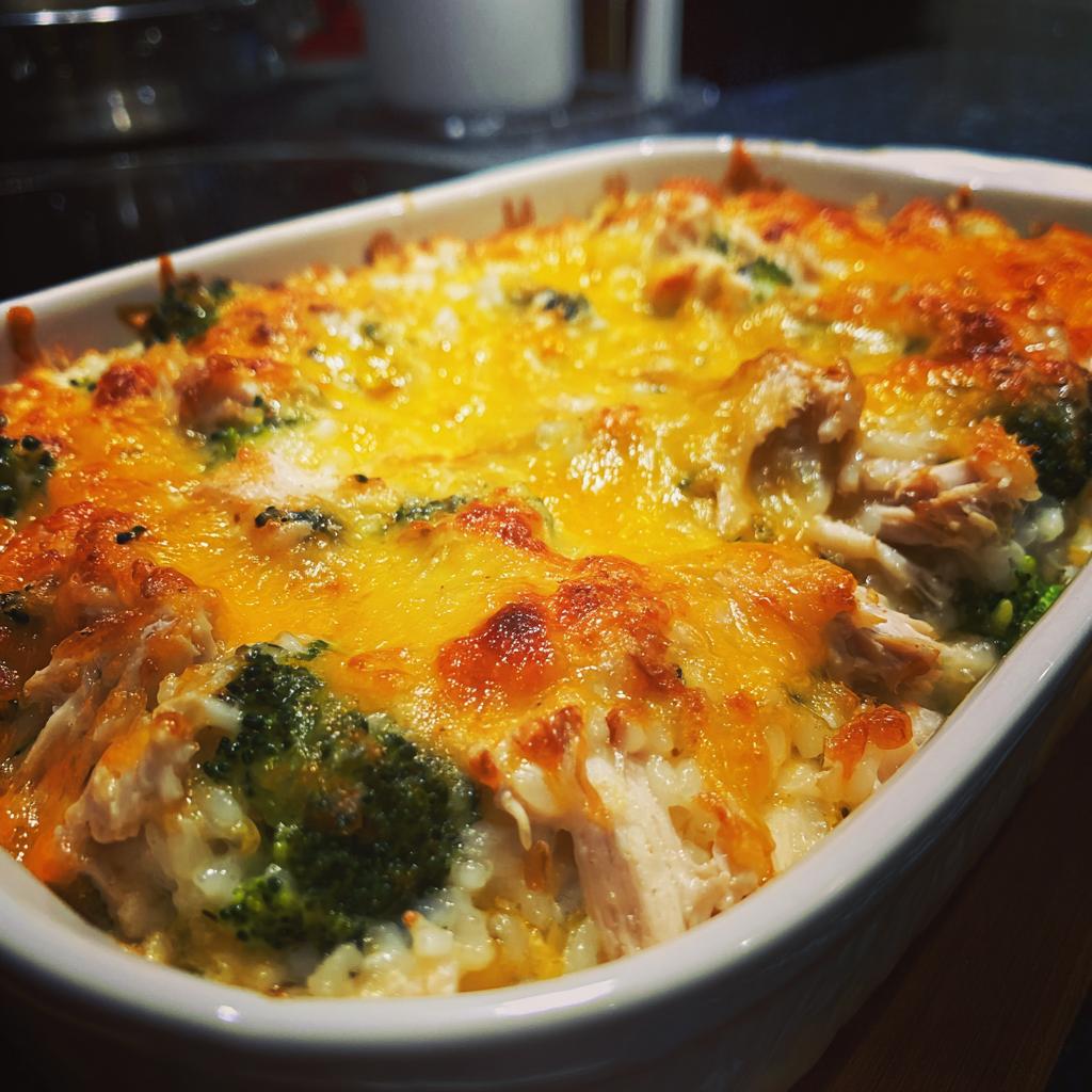 cheesy chicken rice and broccoli casserole