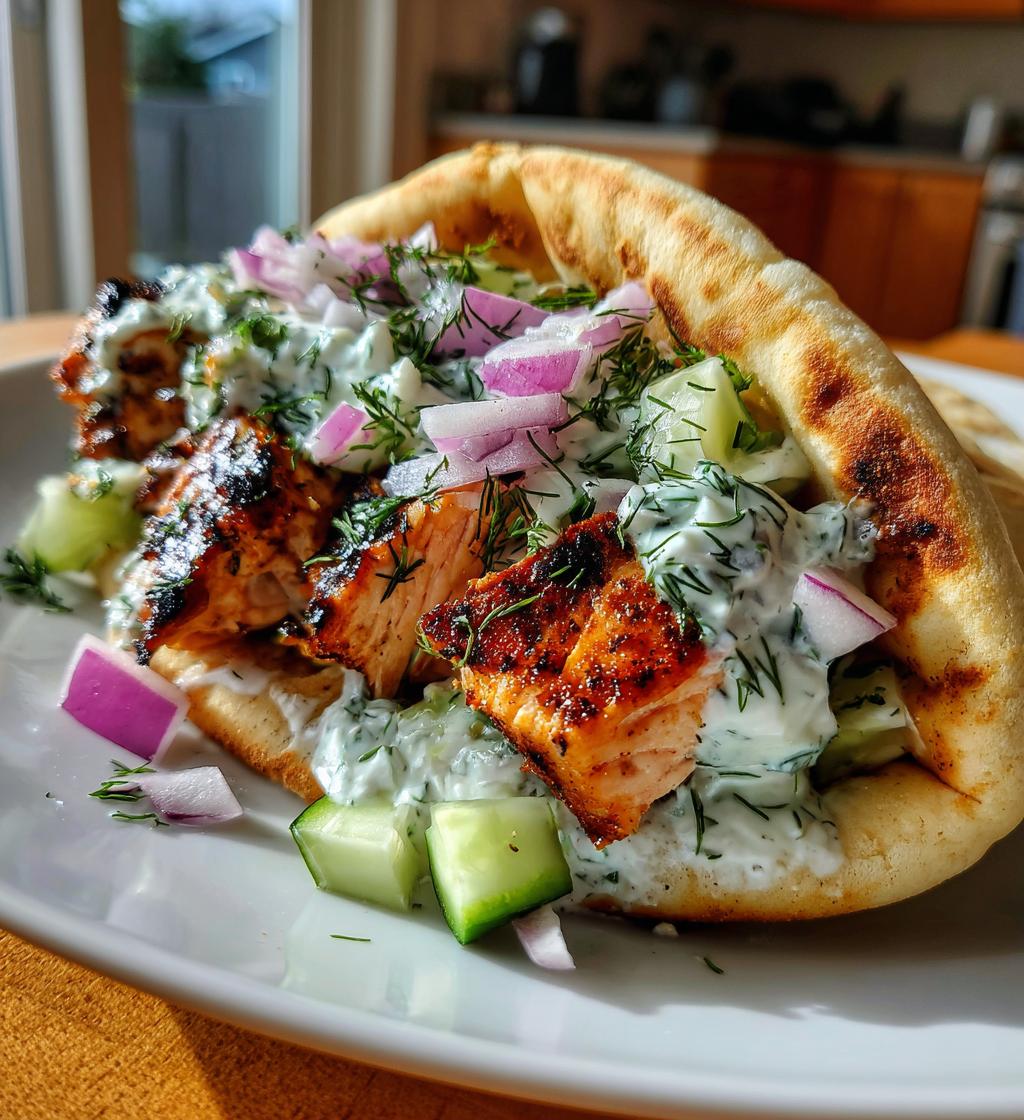 Grilled Salmon Gyros with Dill Yogurt Sauce