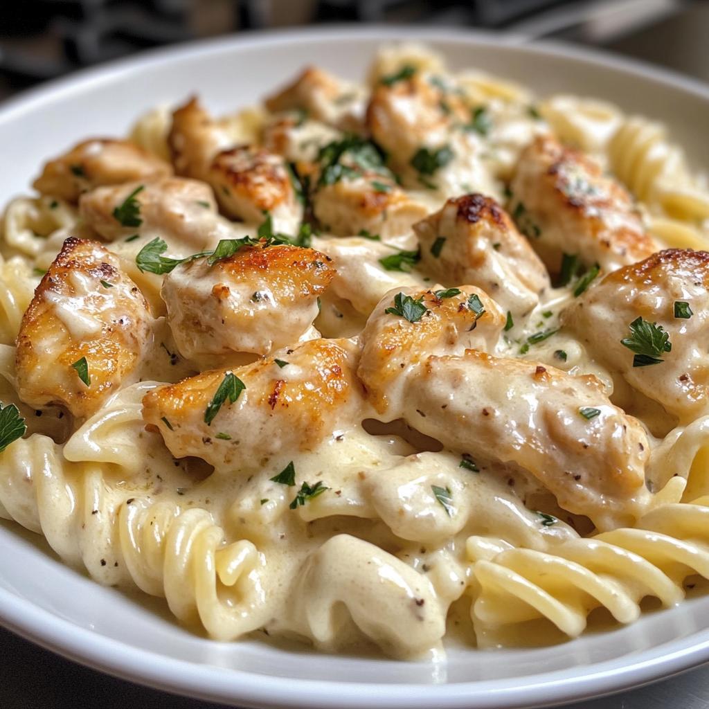 cheesy alfredo twisted pasta with golden garlic butter chicken in creamy sauce - detail 1