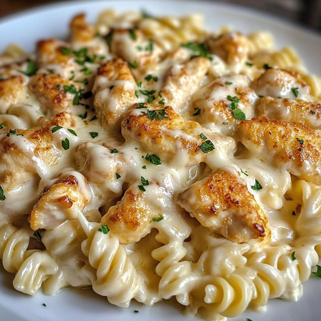 cheesy alfredo twisted pasta with golden garlic butter chicken in creamy sauce