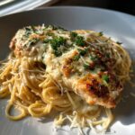 creamy garlic parmesan chicken with cheesy spaghetti