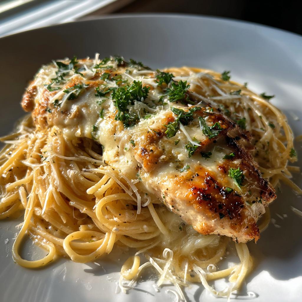 creamy garlic parmesan chicken with cheesy spaghetti