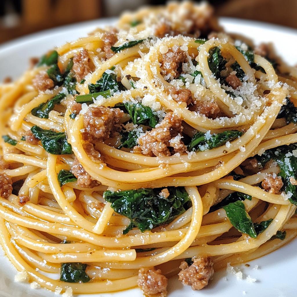 garlic butter spaghetti with cheesy italian sausage and spinach