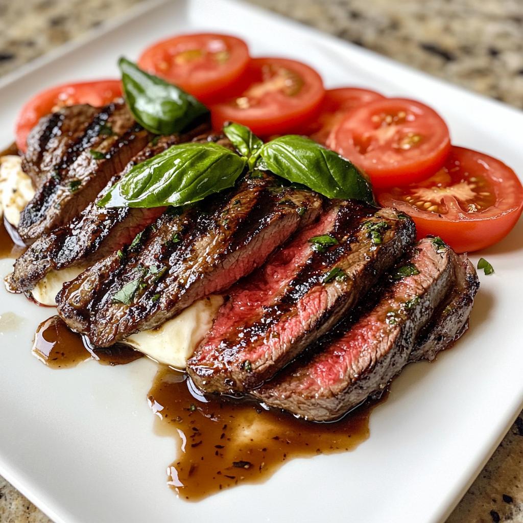 grilled balsamic steak caprese with mozzarella tomatoes and basil