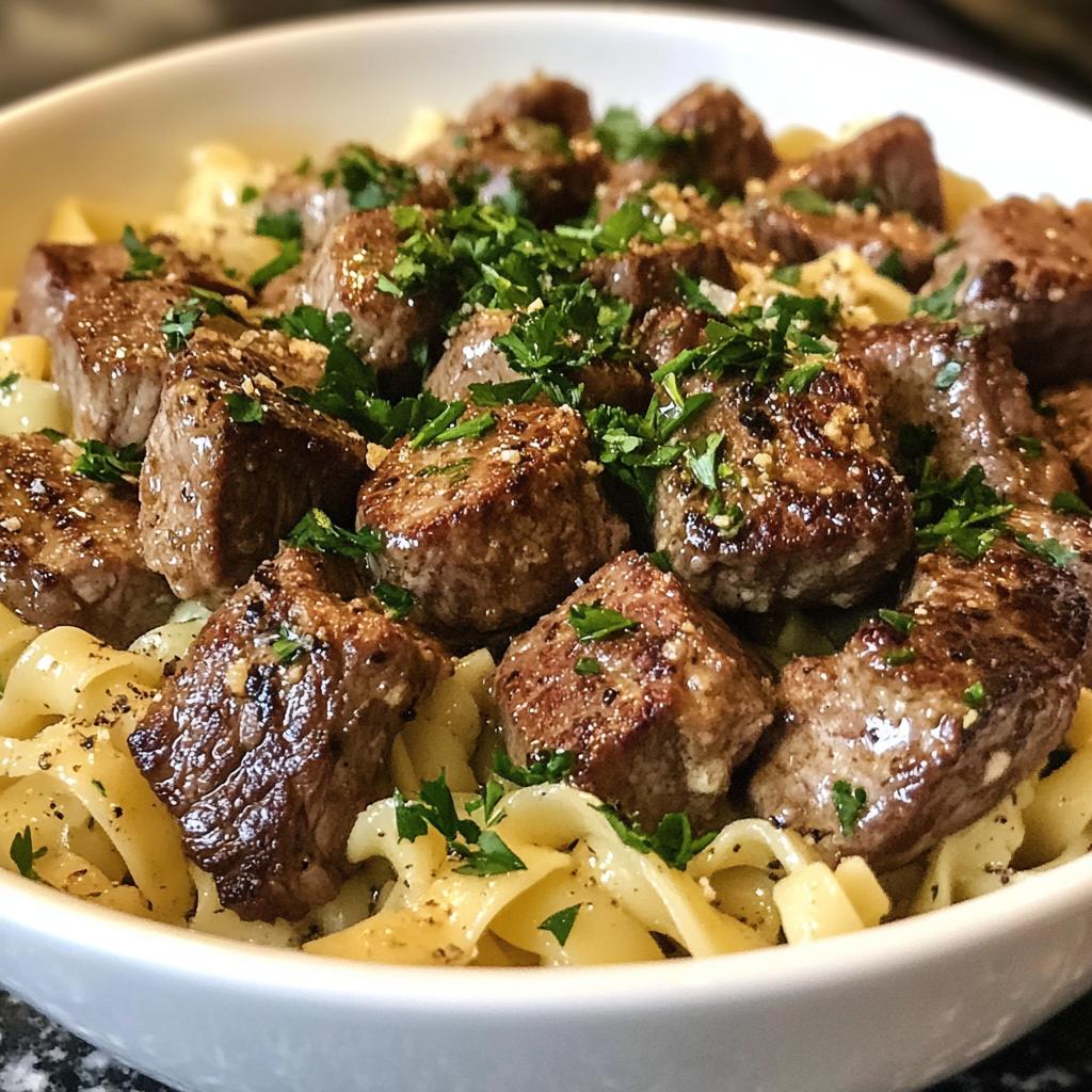 one pan steak bites cheesy garlic butter noodles