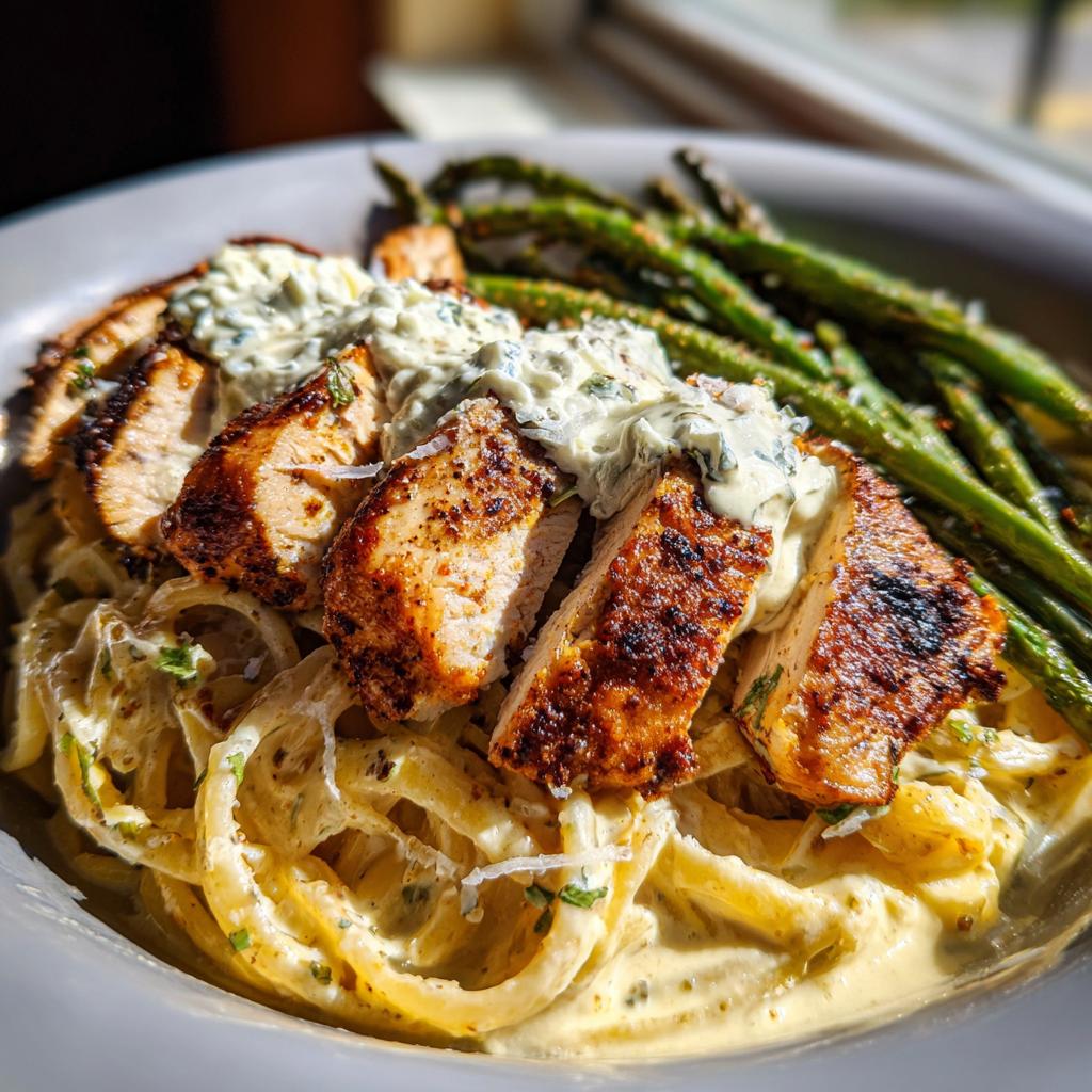 smoky paprika chicken alfredo with lemon feta whip charred green beans