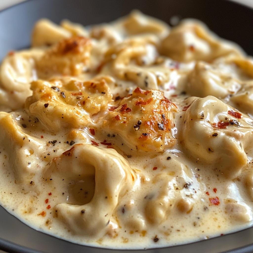 spicy garlic chicken tortellini in cheesy alfredo cream
