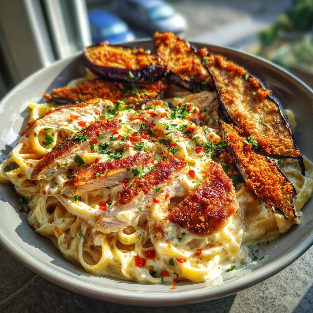 spicy whipped feta chicken alfredo with crispy eggplant wedges chili oil drizzle