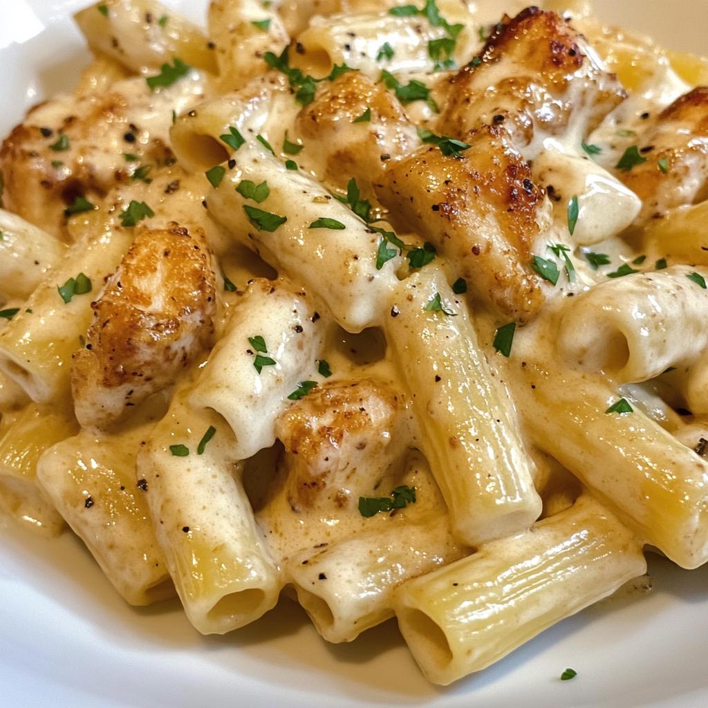 cajun garlic butter chicken rigatoni in cheesy alfredo sauce