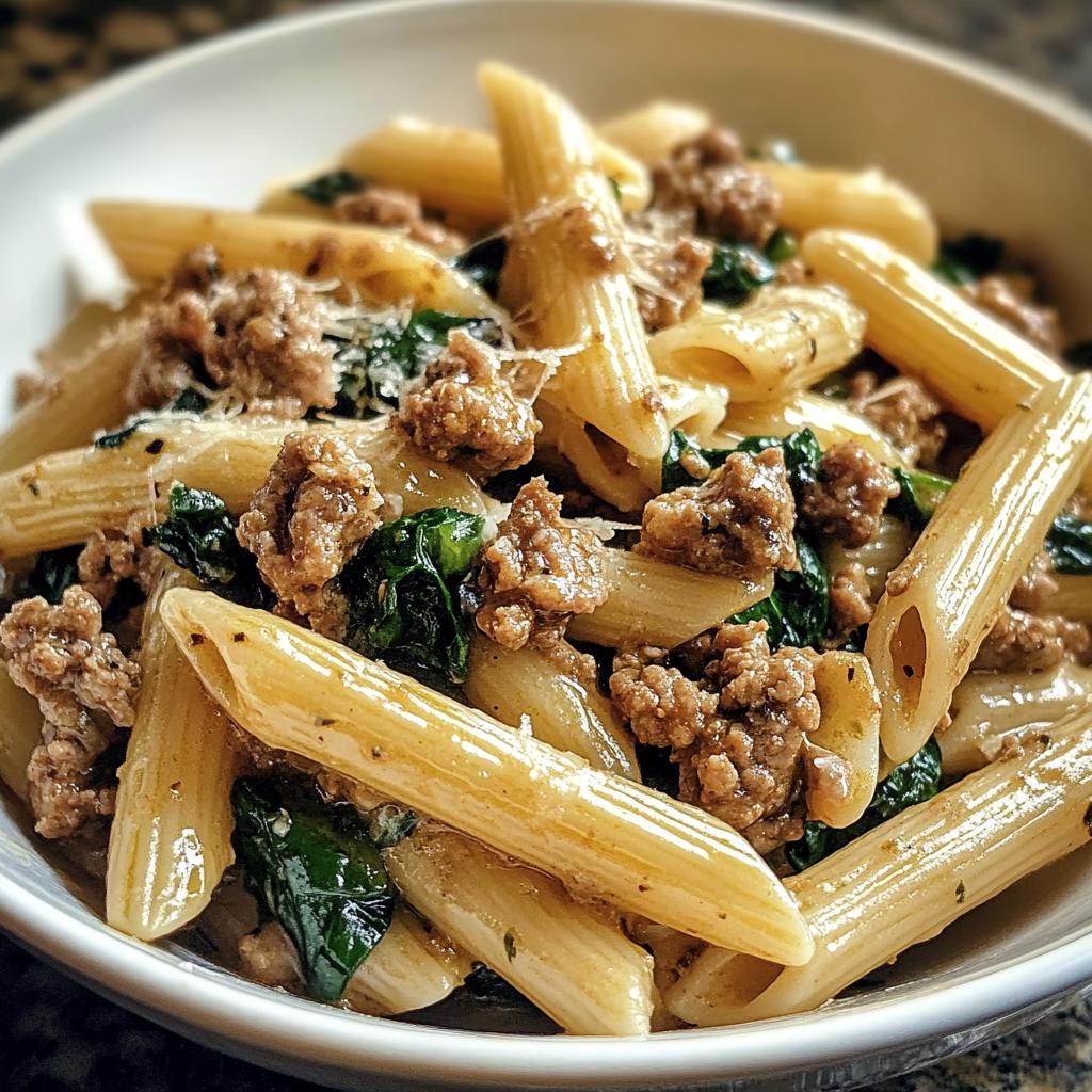 creamy garlic butter beef penne with sausage and spinach