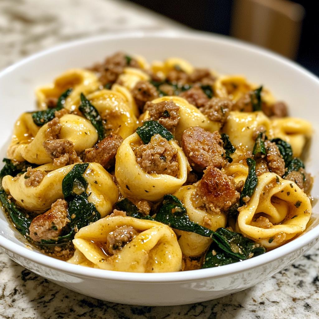 creamy garlic butter beef tortellini with italian sausage spinach