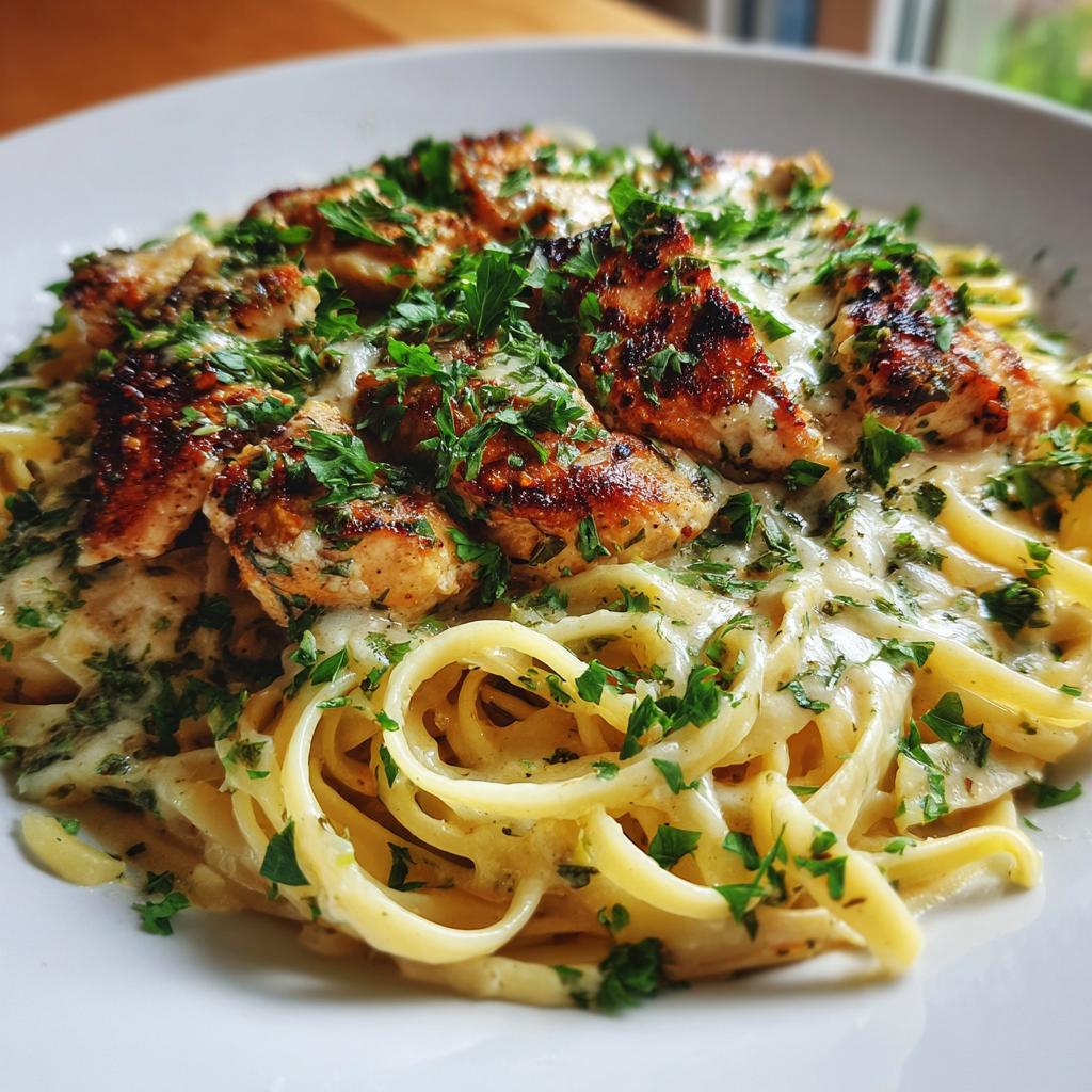 creamy garlic parmesan chicken with cheesy linguine