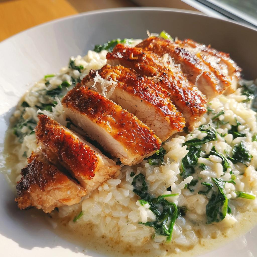 creamy parmesan spinach rice with spicy garlic chicken