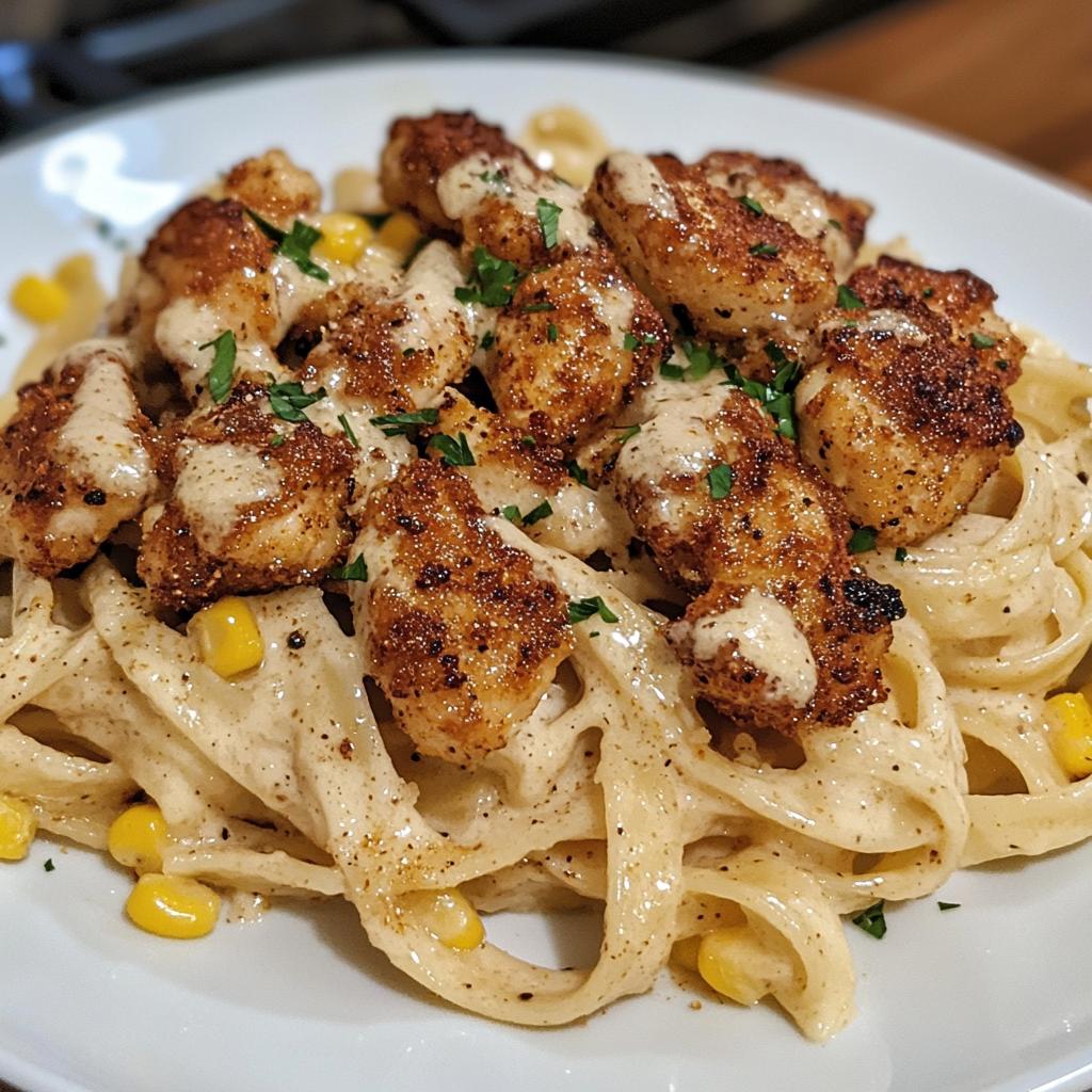 crispy chicken bites blackened cajun alfredo with roasted corn twists