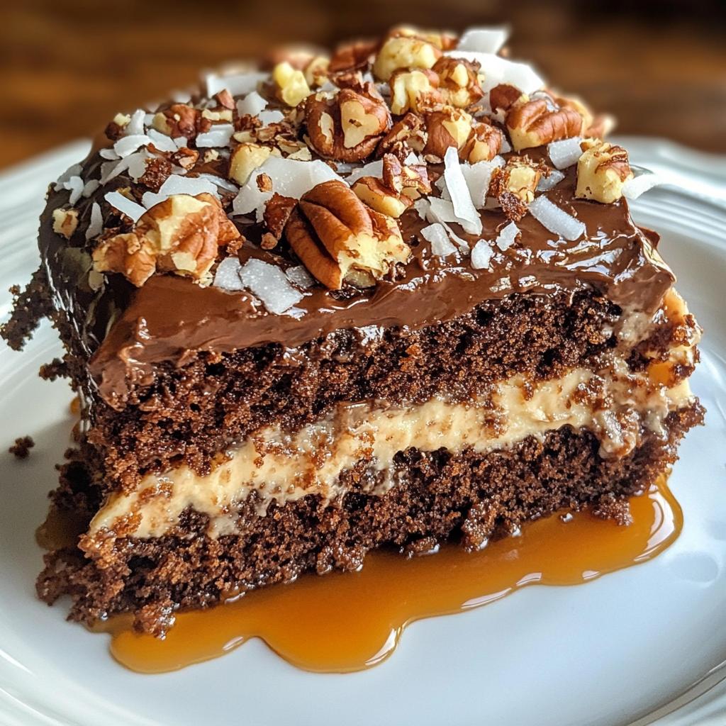 moist chocolate poke cake with coconut pecan topping
