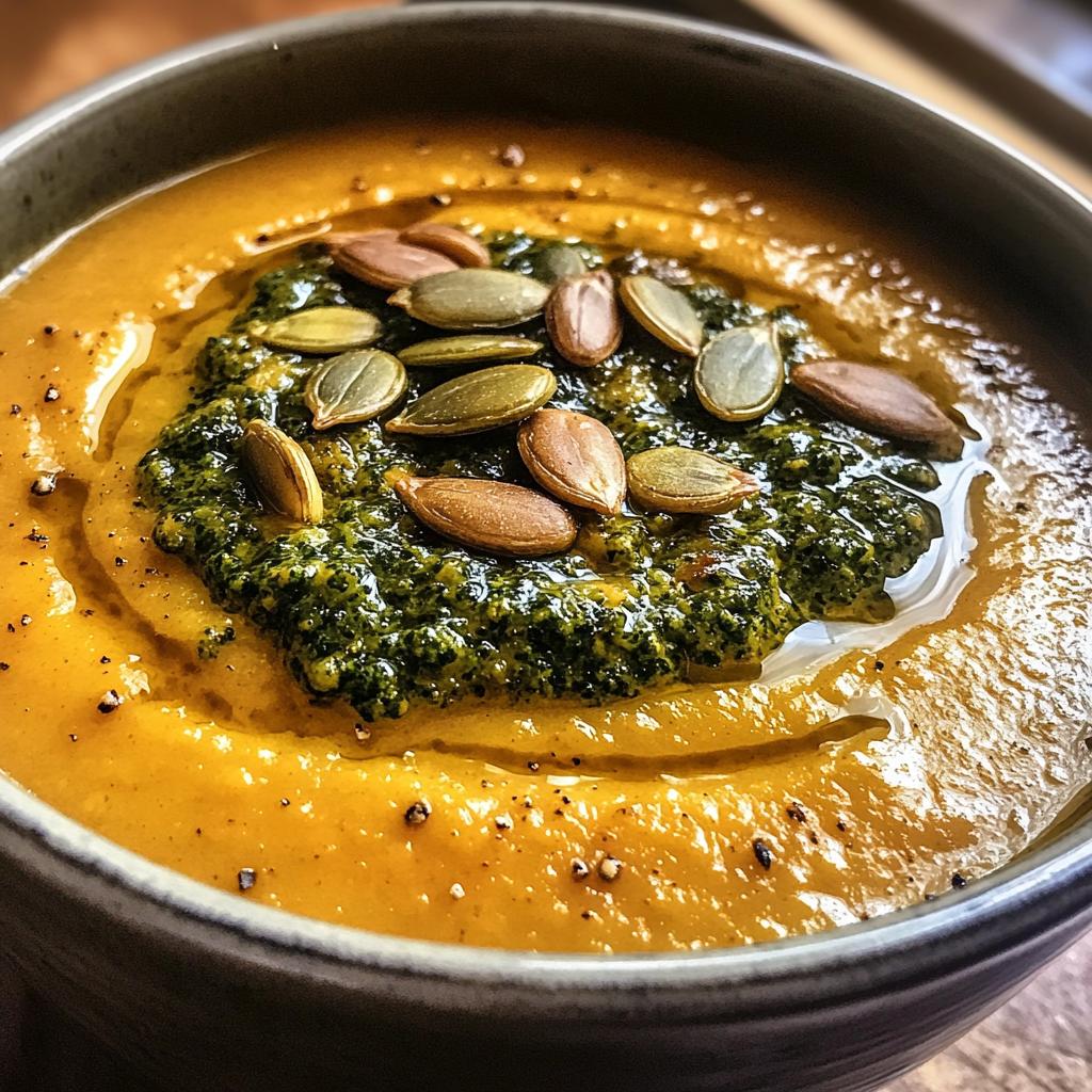 roasted garlic sage pesto pumpkin soup with spicy fried pumpkin seeds recipe